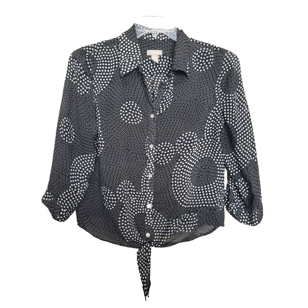 Chico's Semi-Sheer Dotted Print Tie-Waist Button-Up Top Size 1 Medium